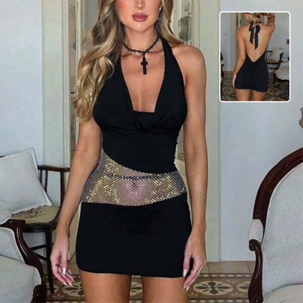 Sexy Slim Deep U-neck Dress With Sequin Mesh Patchwork Design Ins Fashion Halter Short Dresses Women's Clothing - Image 5