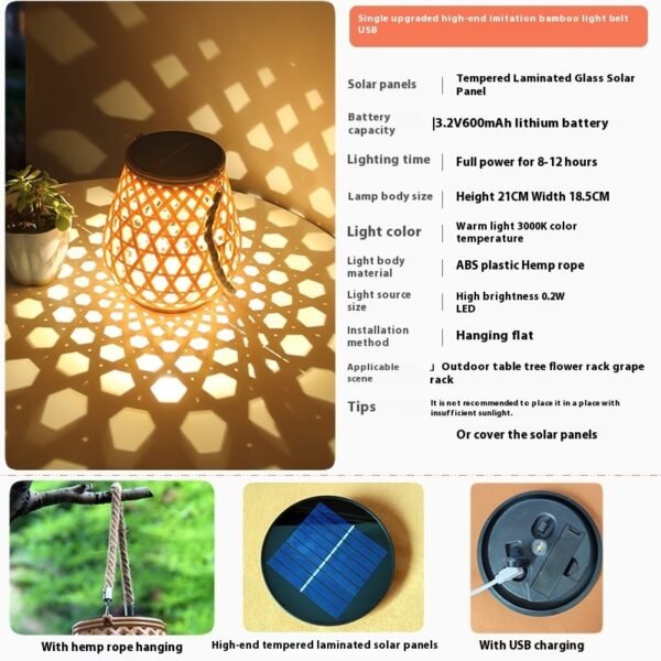 Outdoor Solar Lantern Lights Waterproof High Brightness Hanging Imitation Bamboo Weaving Hollowed Table Lamp Decoration - Image 4