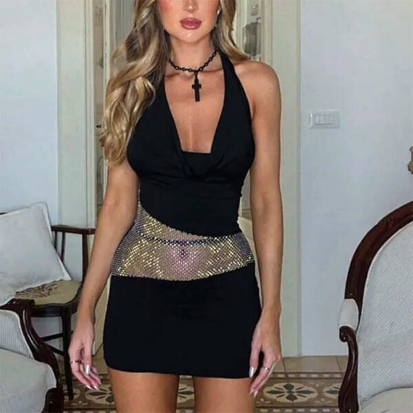 Sexy Slim Deep U-neck Dress With Sequin Mesh Patchwork Design Ins Fashion Halter Short Dresses Women's Clothing - Image 6