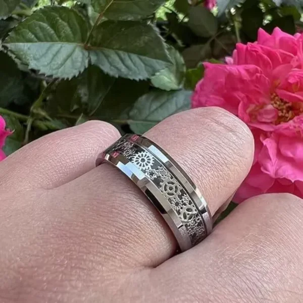 New Fashion Steampunk Gear Wheel Men Stainless Steel Ring Inlay Carbon Fiber Rings For Men Rock Punk Wedding Band Jewelry - Image 4