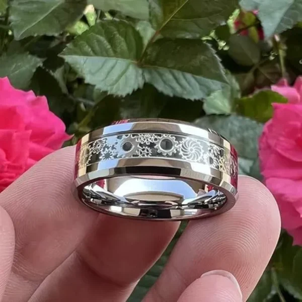 New Fashion Steampunk Gear Wheel Men Stainless Steel Ring Inlay Carbon Fiber Rings For Men Rock Punk Wedding Band Jewelry - Image 3